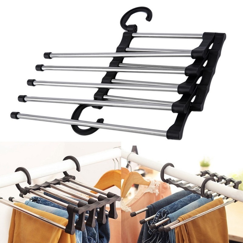 Foldable Stainless Steel 5 in 1 Pant Rack Shelves Clothes Hangers Multi-functional Magic Pants Hangers for Wardrobe