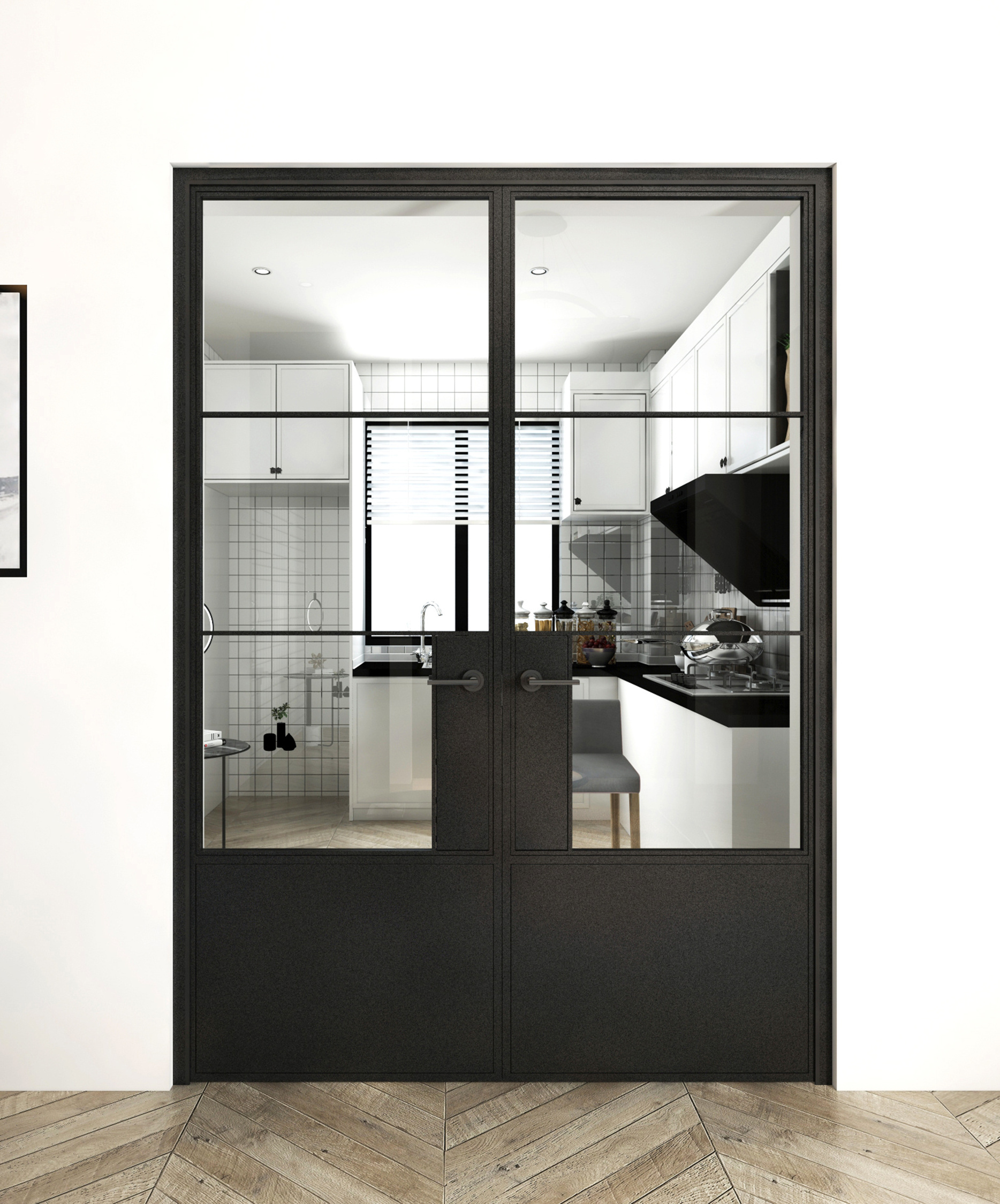 Kitchen Swing Door 4 Lite  Black Steel Frame with Glass