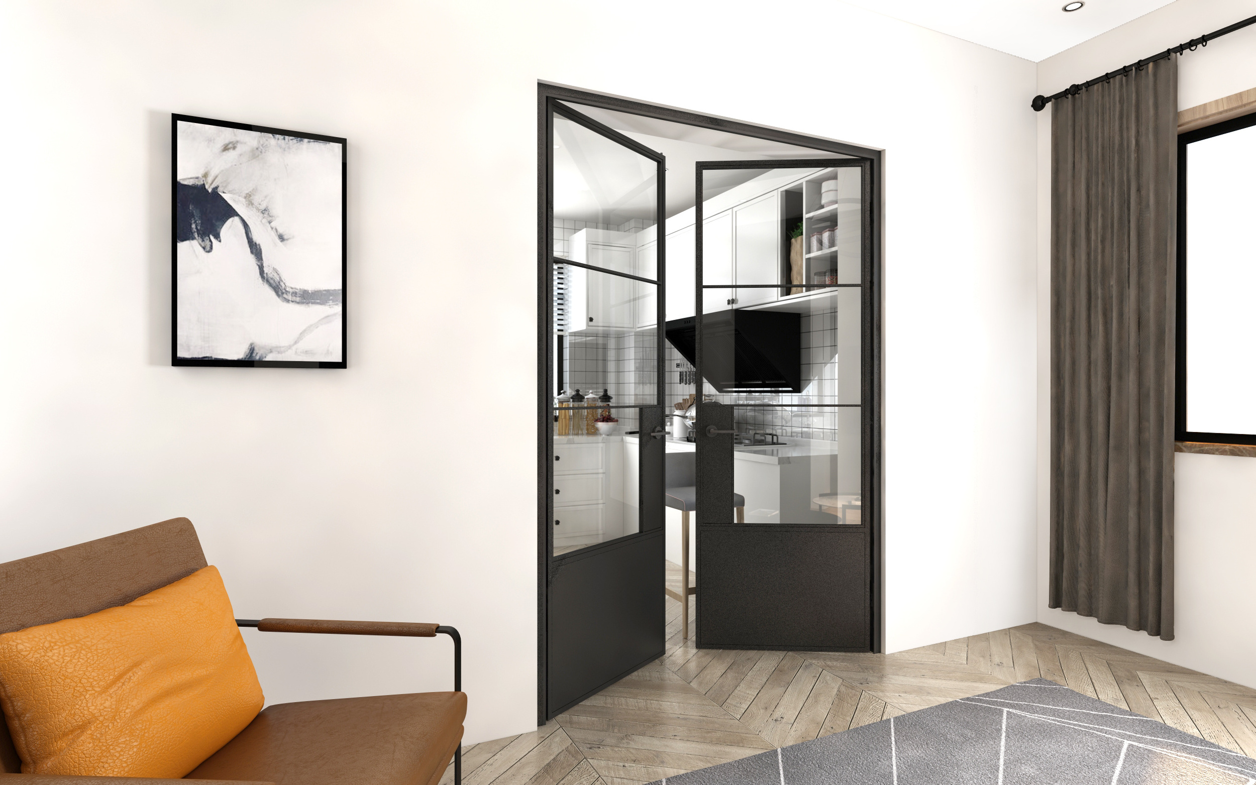 Kitchen Swing Door 4 Lite  Black Steel Frame with Glass