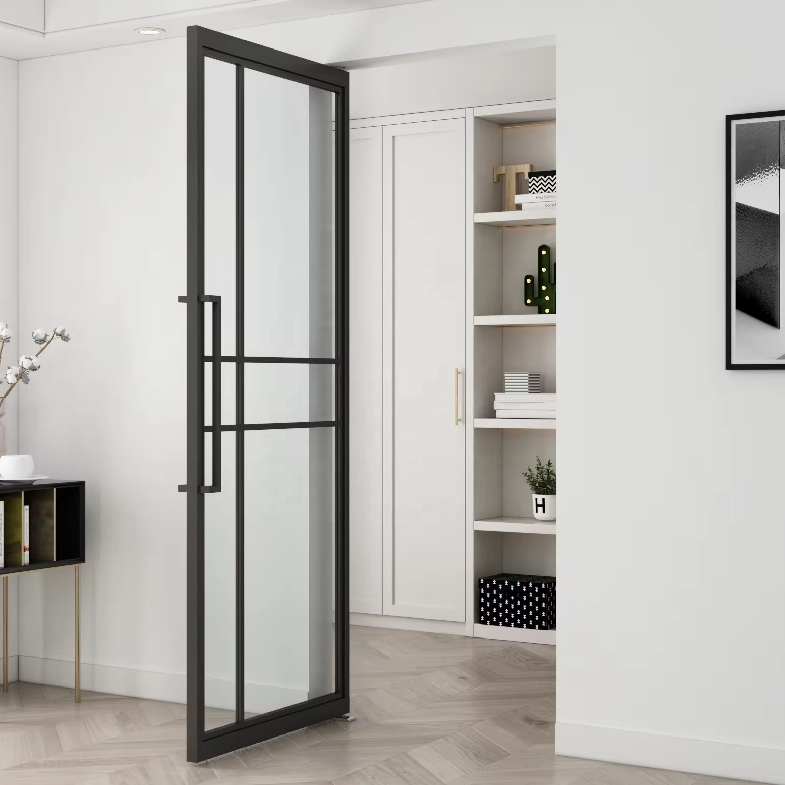 3 Lites Swing Steel Frame Hydraulic door Bi-directional Rotating Interior Clear Glass Barn Door with Door Handles