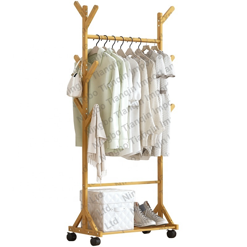 60cm- Bamboo Garment Racks with Wheels 2-in-1 Freestanding Rolling Clothes Rack with Bottom Storage Shelf Closet Organizer with