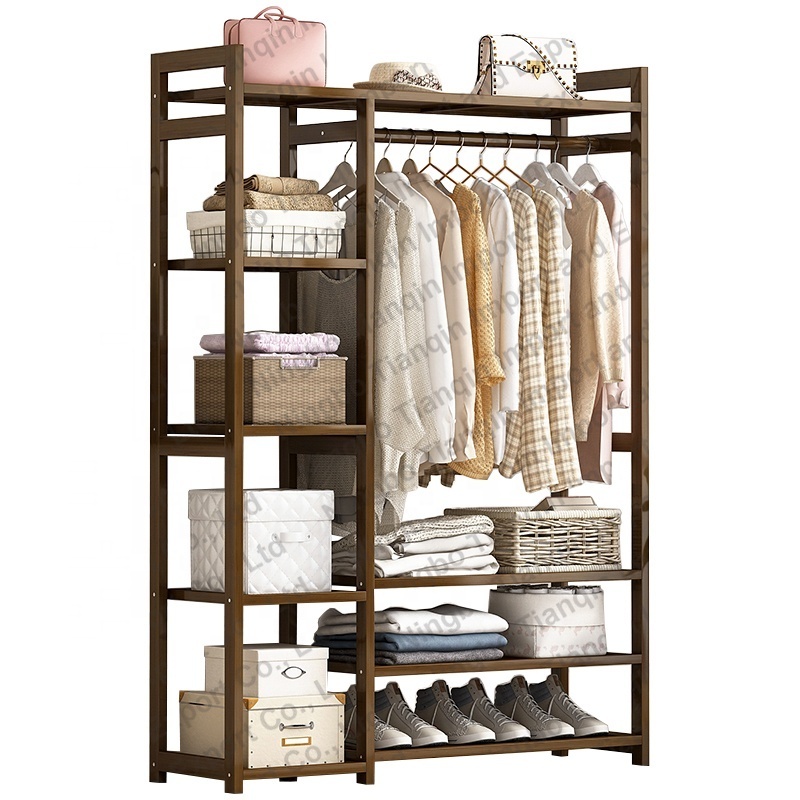 100cm-Garment Rack Freestanding Bamboo Garment Rack Closet Clothes Organizer with Clothes Rail 4-Layer Storage Shelf for Clothes