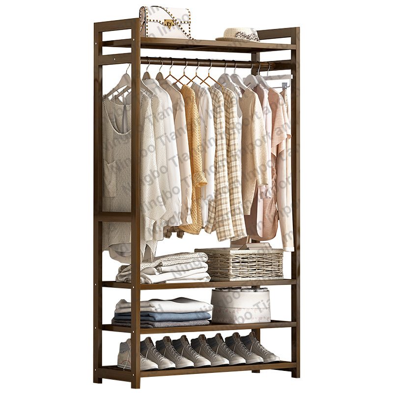 80cm-Bamboo Garment Coat Clothes Hanging,Heavy Duty Clothing Rack,with Top Shelf and 3 Tier Shoe Storage Organizer Shelves