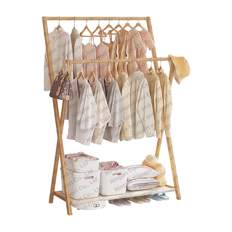 50/70/100cm length Foldable Bamboo 2 rows Clothes Rack with 2 side hooks and shoe display rack