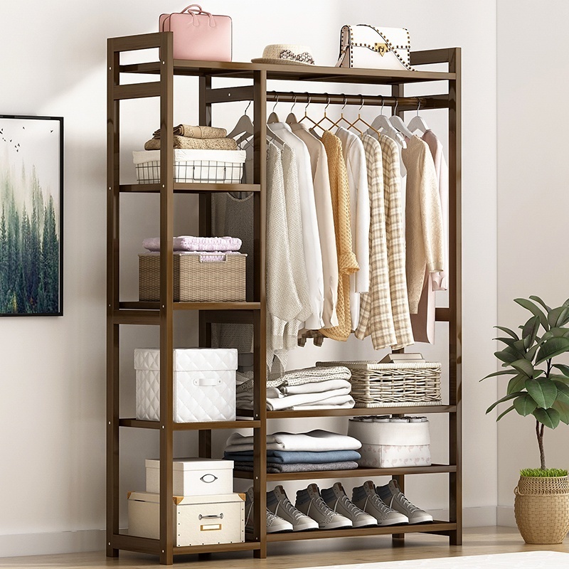 100cm-Garment Rack Freestanding Bamboo Garment Rack Closet Clothes Organizer with Clothes Rail 4-Layer Storage Shelf for Clothes