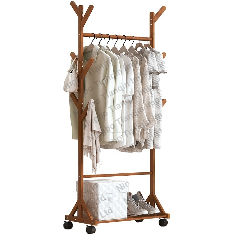 60cm- Bamboo Garment Racks with Wheels 2-in-1 Freestanding Rolling Clothes Rack with Bottom Storage Shelf Closet Organizer with