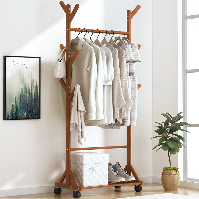 60cm- Bamboo Garment Racks with Wheels 2-in-1 Freestanding Rolling Clothes Rack with Bottom Storage Shelf Closet Organizer with