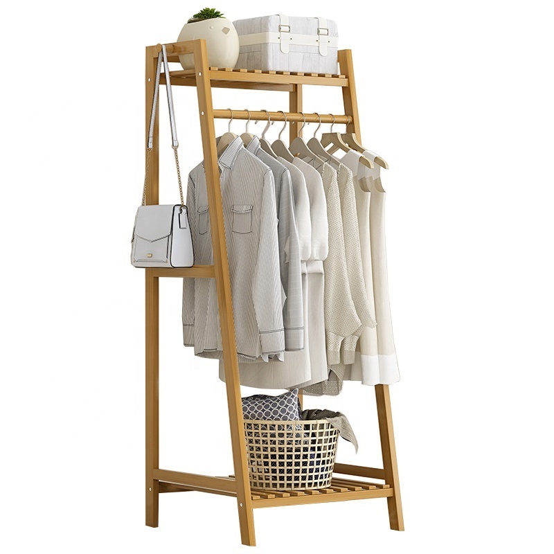 L-50CM Bamboo Clothing Rack for Hanging Clothes Large Garment Racks,Freestanding Storage Shelves Clothes Hanger Rack for Entrywa