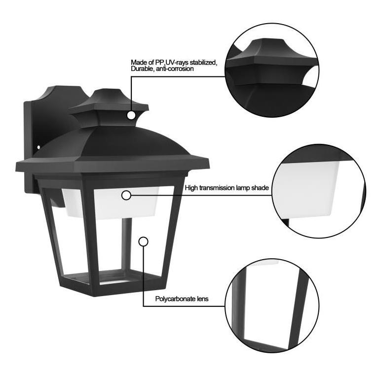 P746-LED IP44 black outdoor wall mount lantern Lighting PC Porch Backyard Garden Exterior led lantern Wall Lamp