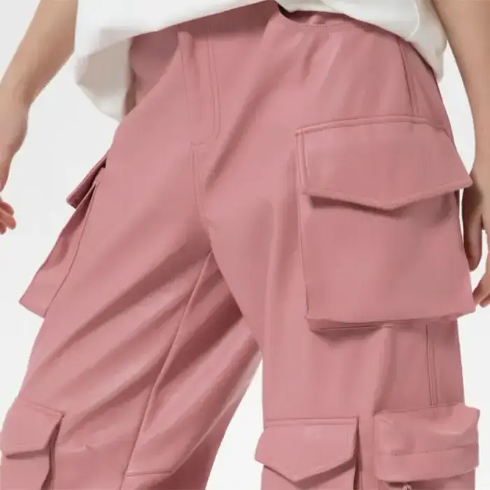 Faux Leather Anti-pilling Waterproof Pants Multi Pockets Hip Hop Style Baggy Stacked Leg High Waist Pink Women Cargo Pants