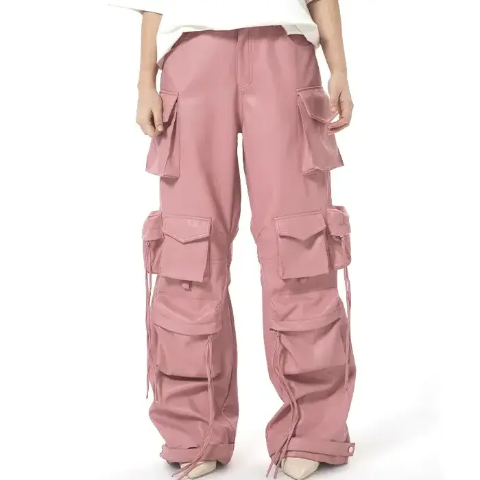 Faux Leather Anti-pilling Waterproof Pants Multi Pockets Hip Hop Style Baggy Stacked Leg High Waist Pink Women Cargo Pants