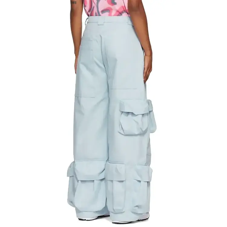 Organically Growing Cotton Soft Pants Sky Blue Trumpet Type Multi Pockets Big Wide Leg Cargo Pants