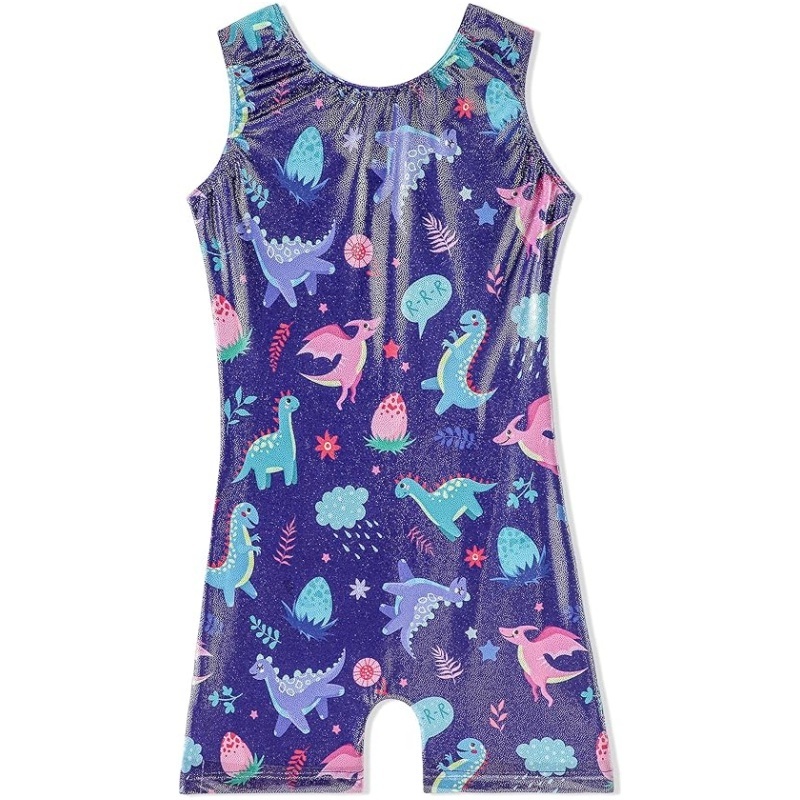 Foil Metallic Fabric No Sleeve Purple Dinosaur Kids Gymnastics Practice Girls Jumpsuit Leotards