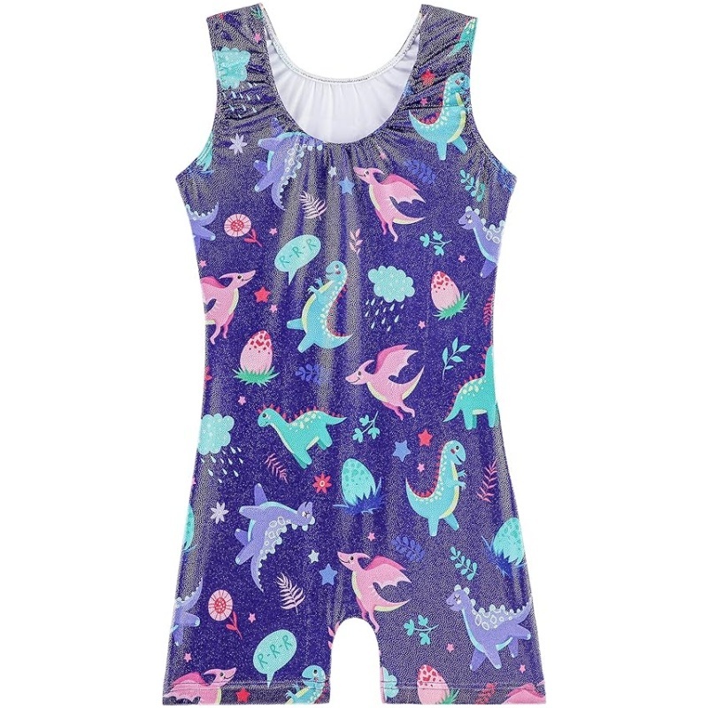 Foil Metallic Fabric No Sleeve Purple Dinosaur Kids Gymnastics Practice Girls Jumpsuit Leotards