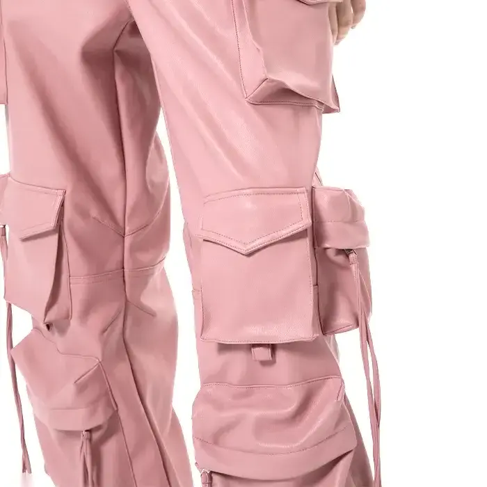 Faux Leather Anti-pilling Waterproof Pants Multi Pockets Hip Hop Style Baggy Stacked Leg High Waist Pink Women Cargo Pants