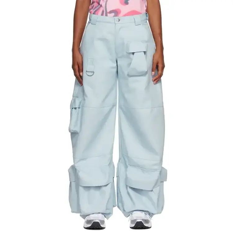 Organically Growing Cotton Soft Pants Sky Blue Trumpet Type Multi Pockets Big Wide Leg Cargo Pants