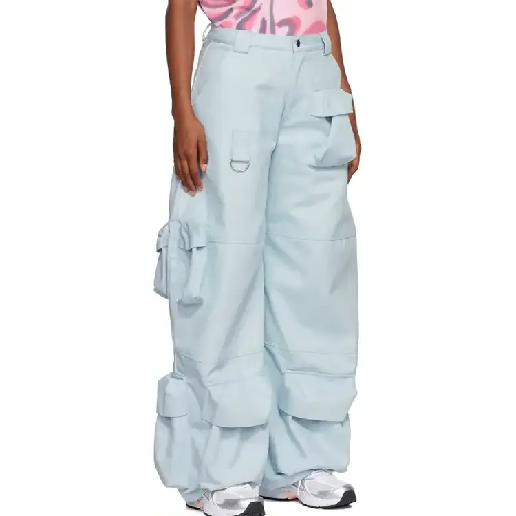 Organically Growing Cotton Soft Pants Sky Blue Trumpet Type Multi Pockets Big Wide Leg Cargo Pants