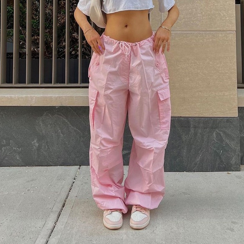 Pink Parachute Pants for Women, 90s clothing vintage Cargo Pants Women  Low Waist Zipper Jogger Relaxed Pants