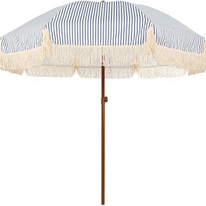 Factory Cheap Price Sun Luxury Bohemian Parasol Wooden Beach Umbrella With Tassels Recycled Boho Beach Umbrella