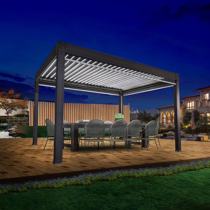 High Quality Solar Light Waterproof electric aluminum steel roof tent pergola garden outdoor gazebo with Louvre