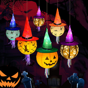 New Style LED Witch Hat Glow Light Up Halloween Spider Wizard Hats Pumpkin Lantern Hanging Ornaments Halloween Decorations