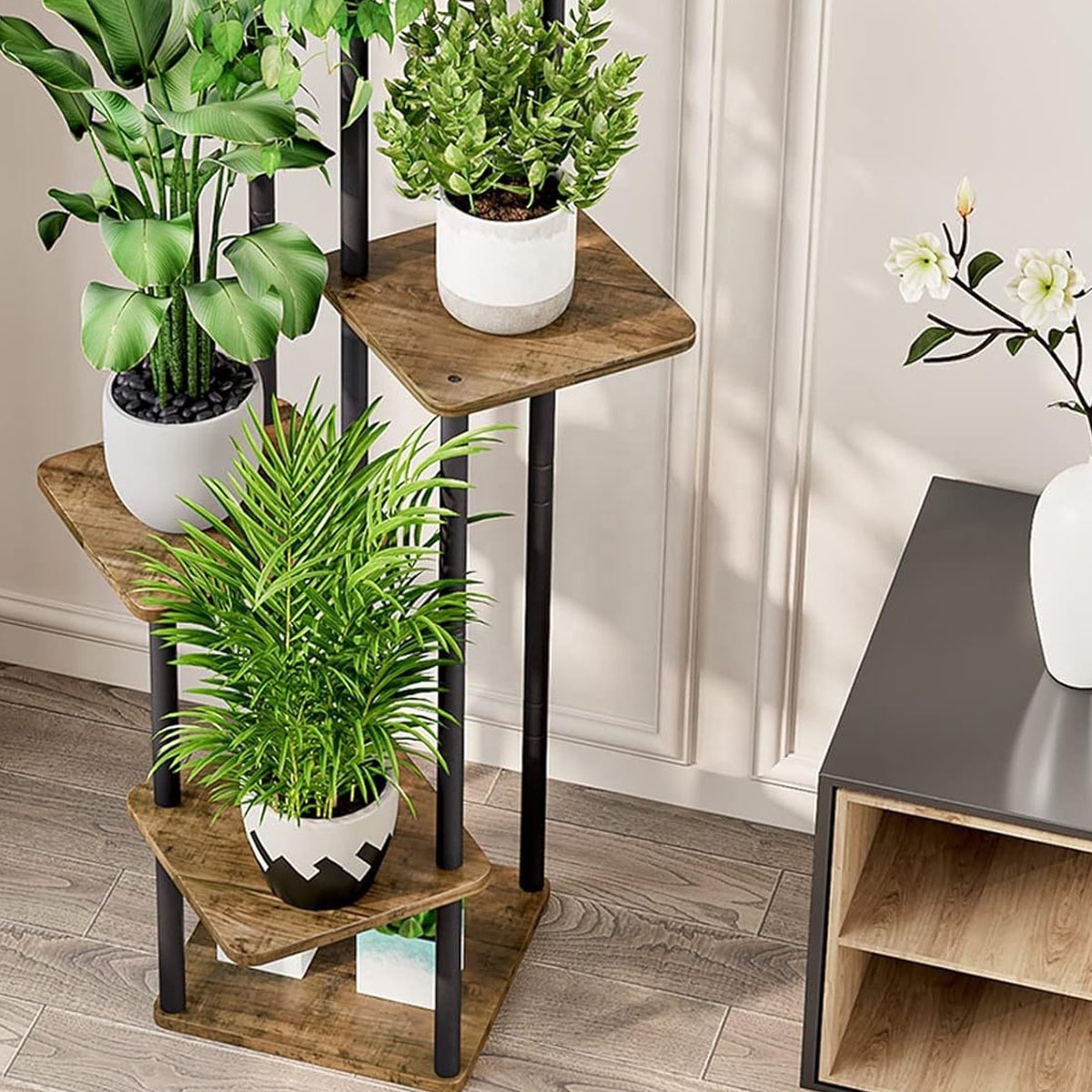 Plant Stand 5 Tier Black Indoor Metal Flower Shelf for Multiple Plants Corner Tall Flower Holders