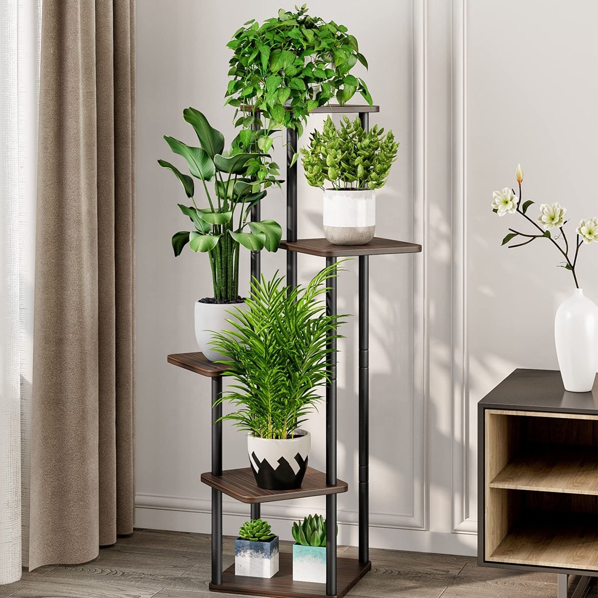 Plant Stand 5 Tier Black Indoor Metal Flower Shelf for Multiple Plants Corner Tall Flower Holders