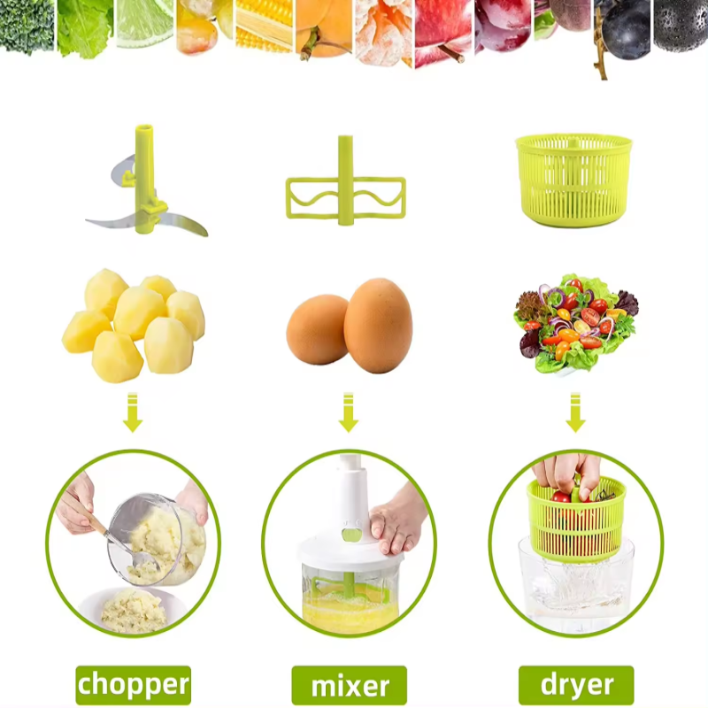 3 in 1- Vegetable Chopper, Salad Spinner, Egg Mixer, Multifunction Manual Food Processor