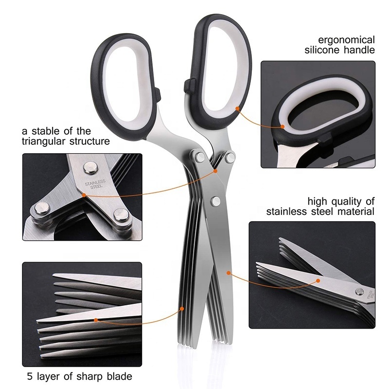 Professional Cutting Shears Set Herb Scissors with 5 blades Herb Stripper Safety Cover Brush for Cutting Cilantro Salad