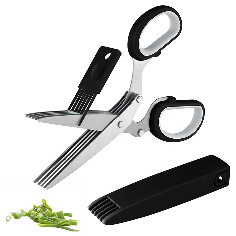 Professional Cutting Shears Set Herb Scissors with 5 blades Herb Stripper Safety Cover Brush for Cutting Cilantro Salad