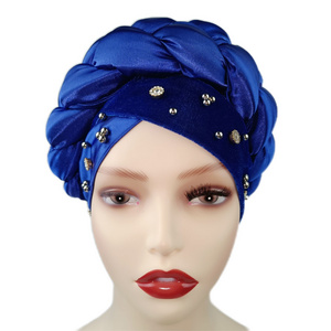 New Africa Satin Fabric Auto Gele Headties Nigerian Muslim Wedding Braided Turban Hat For Women