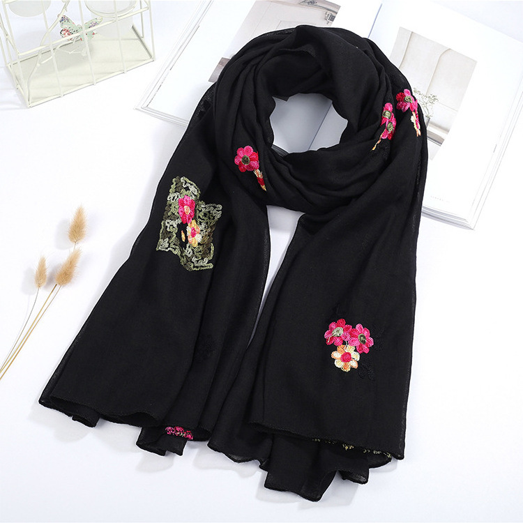 New Trendy Flower Embroidery Cotton Muslim Women Hijab Scarf Ladies Prayer Instant Shawl