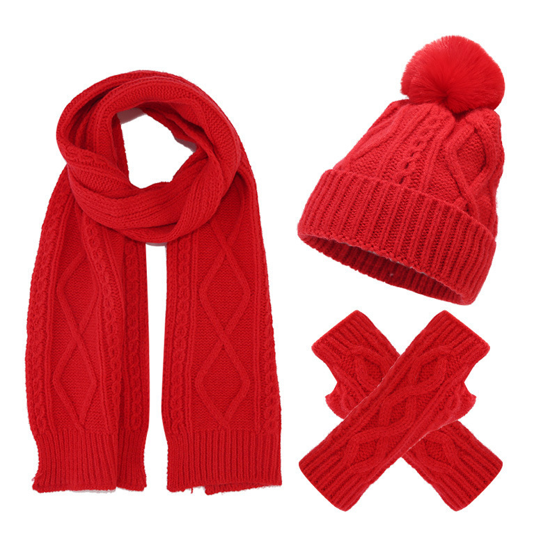 3 Pcs/Set Ski Beanies Warmth Braided Pattern Inner Side Fleece Plush Wool Knitted Scarf Hat and Glove Winter Sets for Women