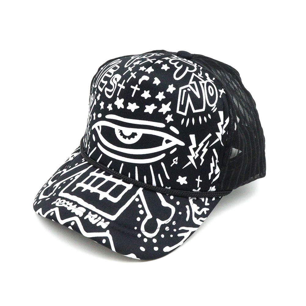 Custom Logo Fashion Rope Sport Caps Summer Breathable Gorras Eyes Graffiti Full Print Foam Mesh Trucker Cap with Rope