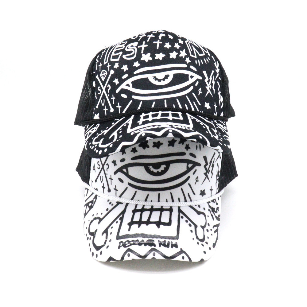 Custom Logo Fashion Rope Sport Caps Summer Breathable Gorras Eyes Graffiti Full Print Foam Mesh Trucker Cap with Rope