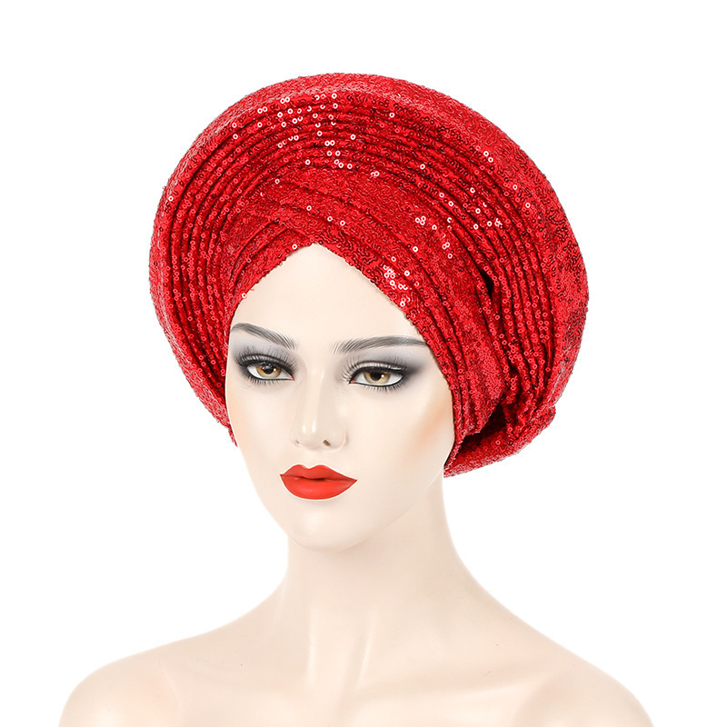 New Design Women Turban Covered in Sequins Auto Gele Headties Nigerian African Aso oke African Gele Headtie For Women Party Wear