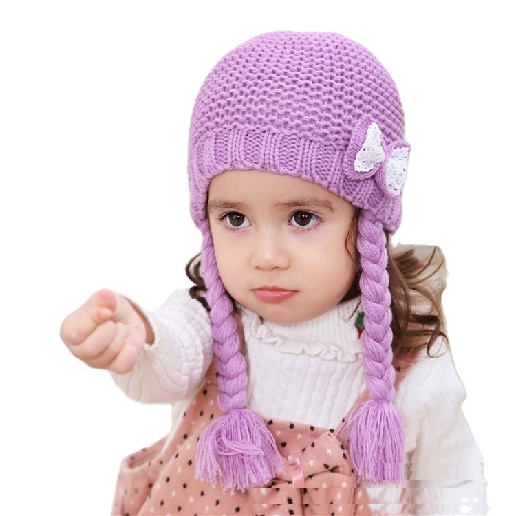 Winter Girls Children Crochet Braid Wig Cap Knitting Baby Hat And Cap With Bow