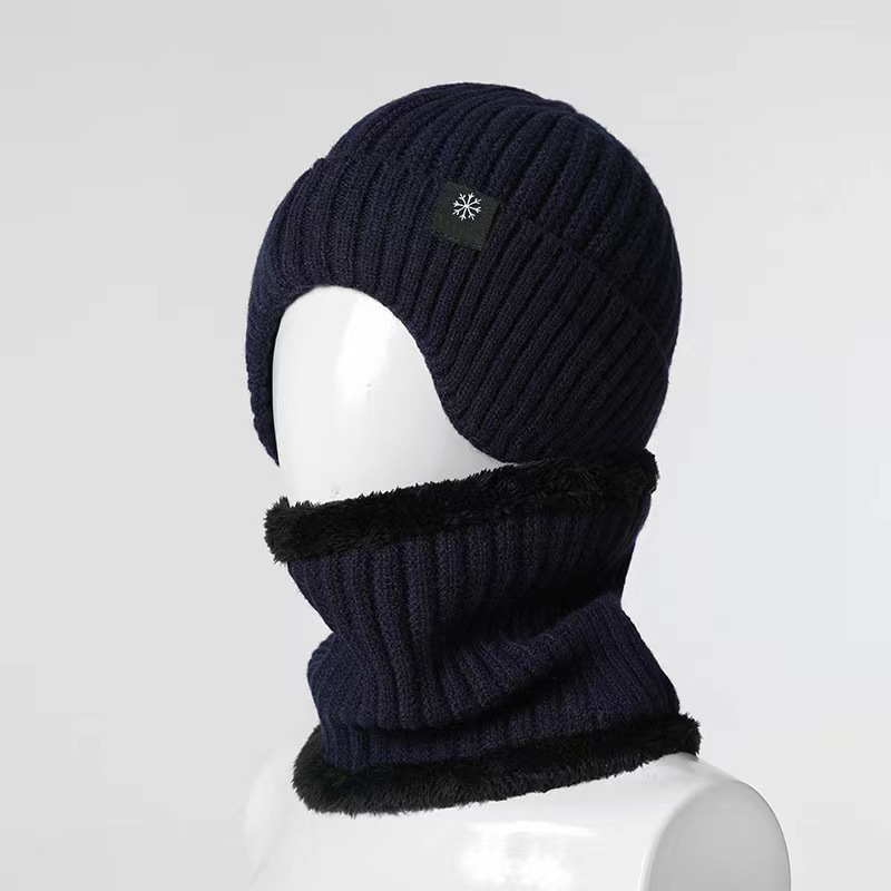 Wholesale Knitted Hat Scarf Set Solid Thicken Plush Neck Warmer Men's Winter Hat Neck Snood Scarf Set