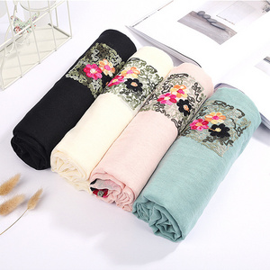 New Trendy Flower Embroidery Cotton Muslim Women Hijab Scarf Ladies Prayer Instant Shawl