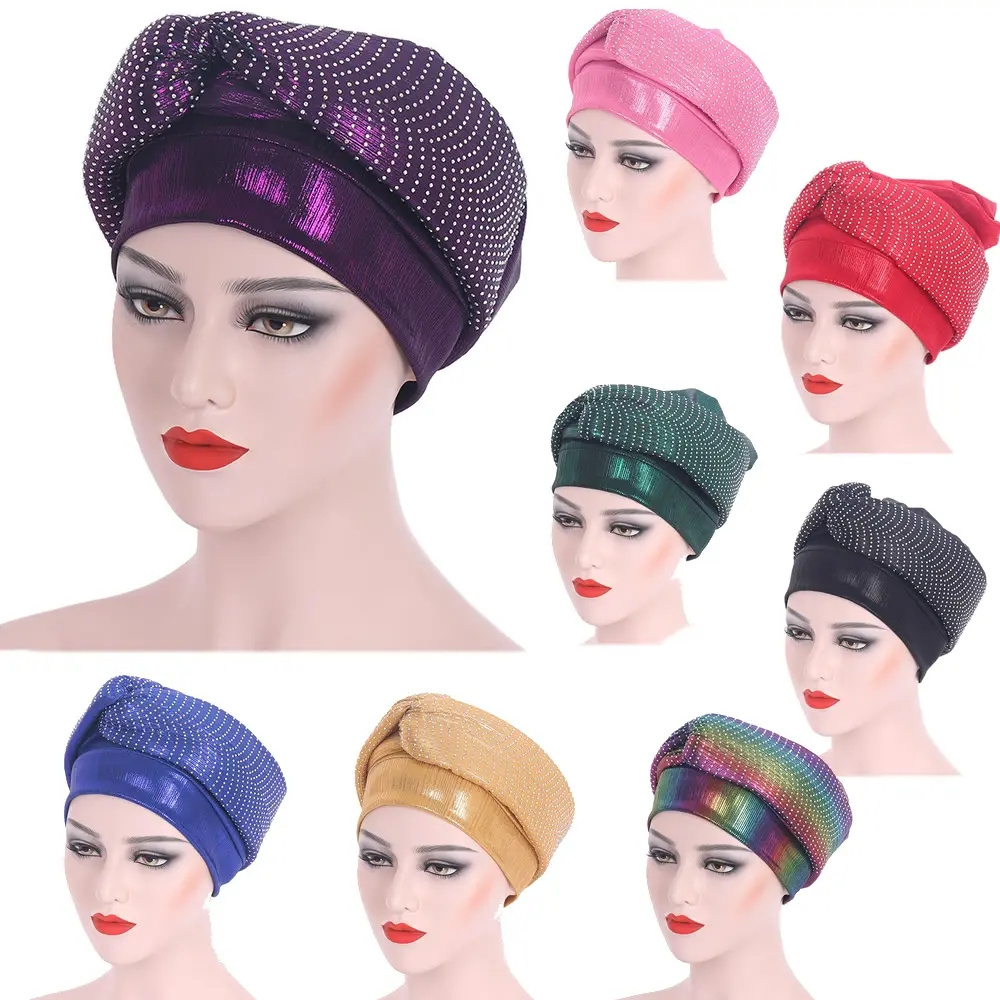 New Fashion Nigerian Gele Headtie African Sponge Auto Aso Oke Headtie Full Rhinestone Head Wrap Turban For Women