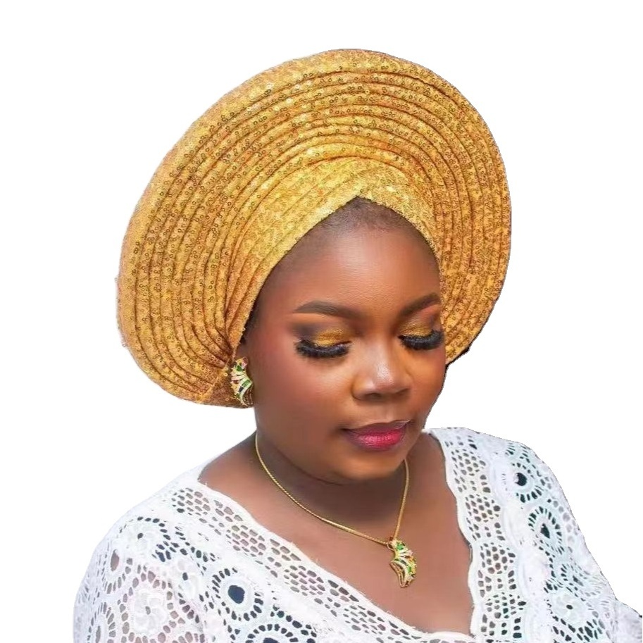 New Design Women Turban Covered in Sequins Auto Gele Headties Nigerian African Aso oke African Gele Headtie For Women Party Wear