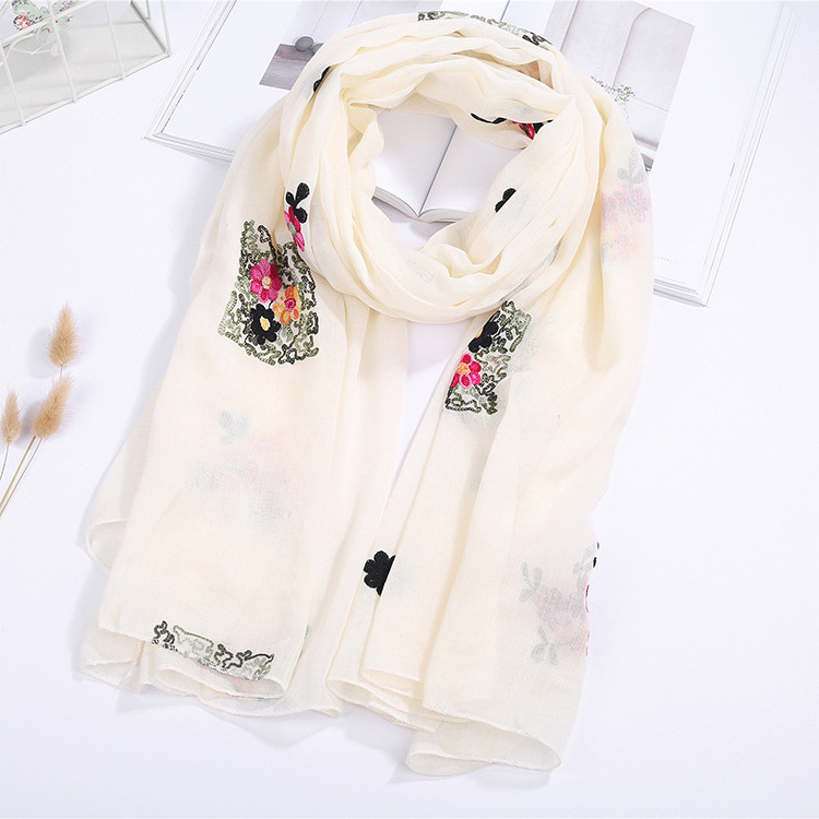 New Trendy Flower Embroidery Cotton Muslim Women Hijab Scarf Ladies Prayer Instant Shawl