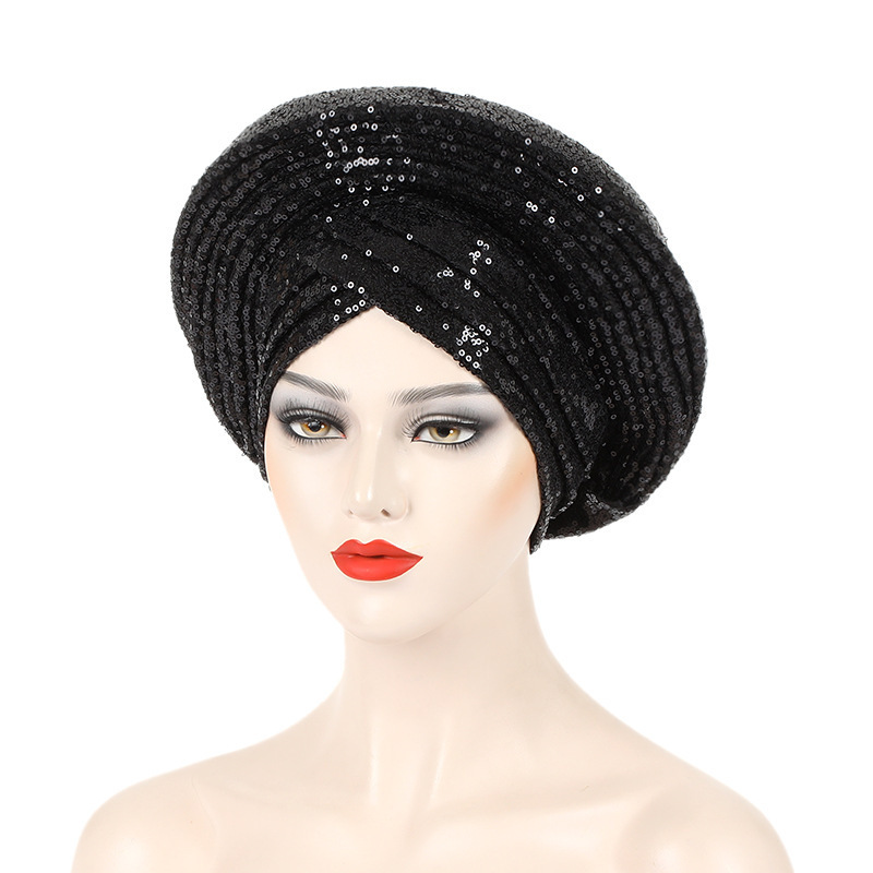 New Design Women Turban Covered in Sequins Auto Gele Headties Nigerian African Aso oke African Gele Headtie For Women Party Wear