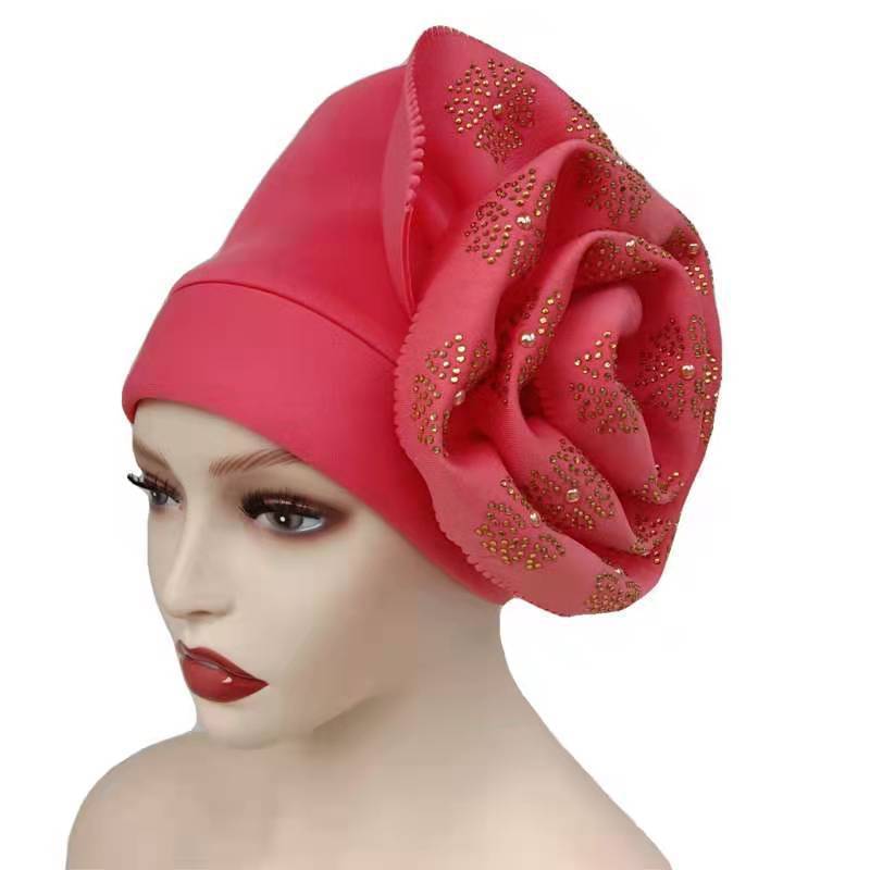 Muslim Fashion Street Shooting Hot Rhinestone Big Flower Flanging Solid Color Turban Hat For Women