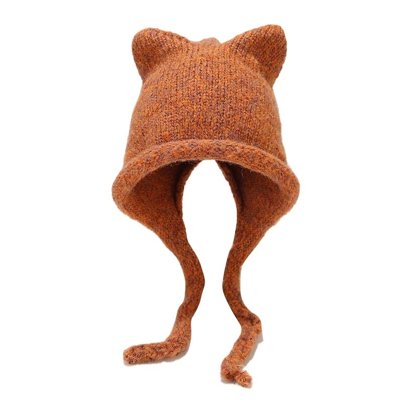 Wholesale Warmth Ear Flap Windproof Cycling Acrylic Wool Knitted Hat Custom Cute Personality Winter Cat Ear Beanies