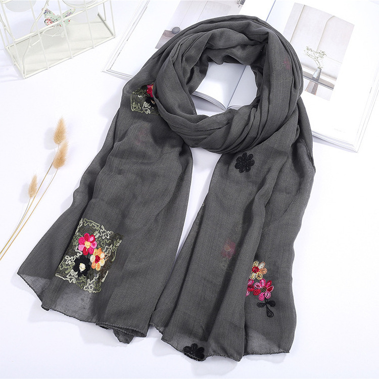 New Trendy Flower Embroidery Cotton Muslim Women Hijab Scarf Ladies Prayer Instant Shawl