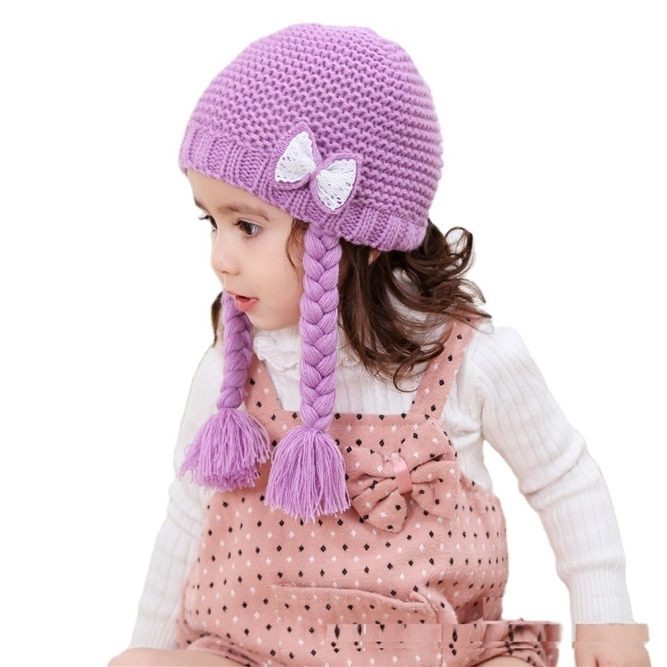 Winter Girls Children Crochet Braid Wig Cap Knitting Baby Hat And Cap With Bow