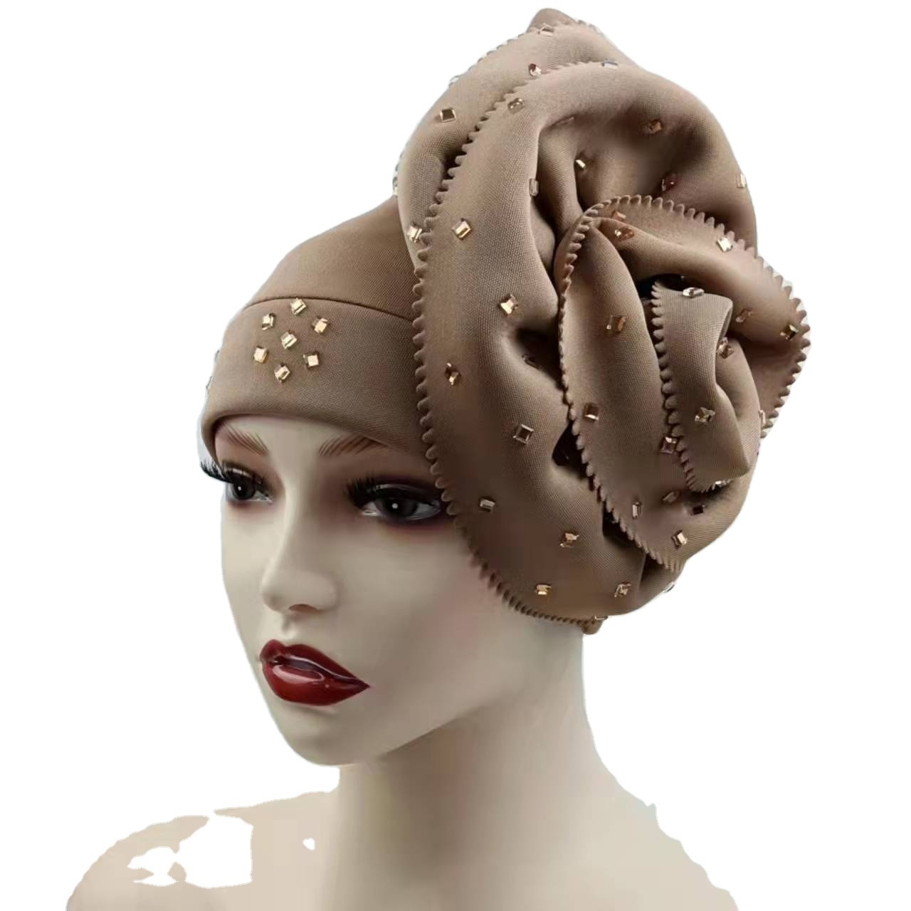 Muslim Fashion Street Shooting Hot Rhinestone Big Flower Flanging Solid Color Turban Hat For Women