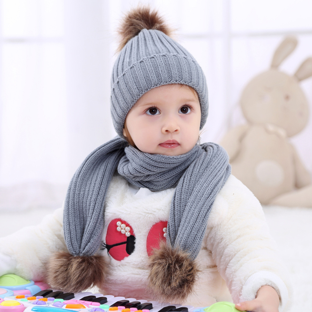 2Pcs Set Toddler Baby Winter Warm Fur Pom Pom Hats Scarves Kids Knitted Beanie Hat and Scarf Set For Girls Boys