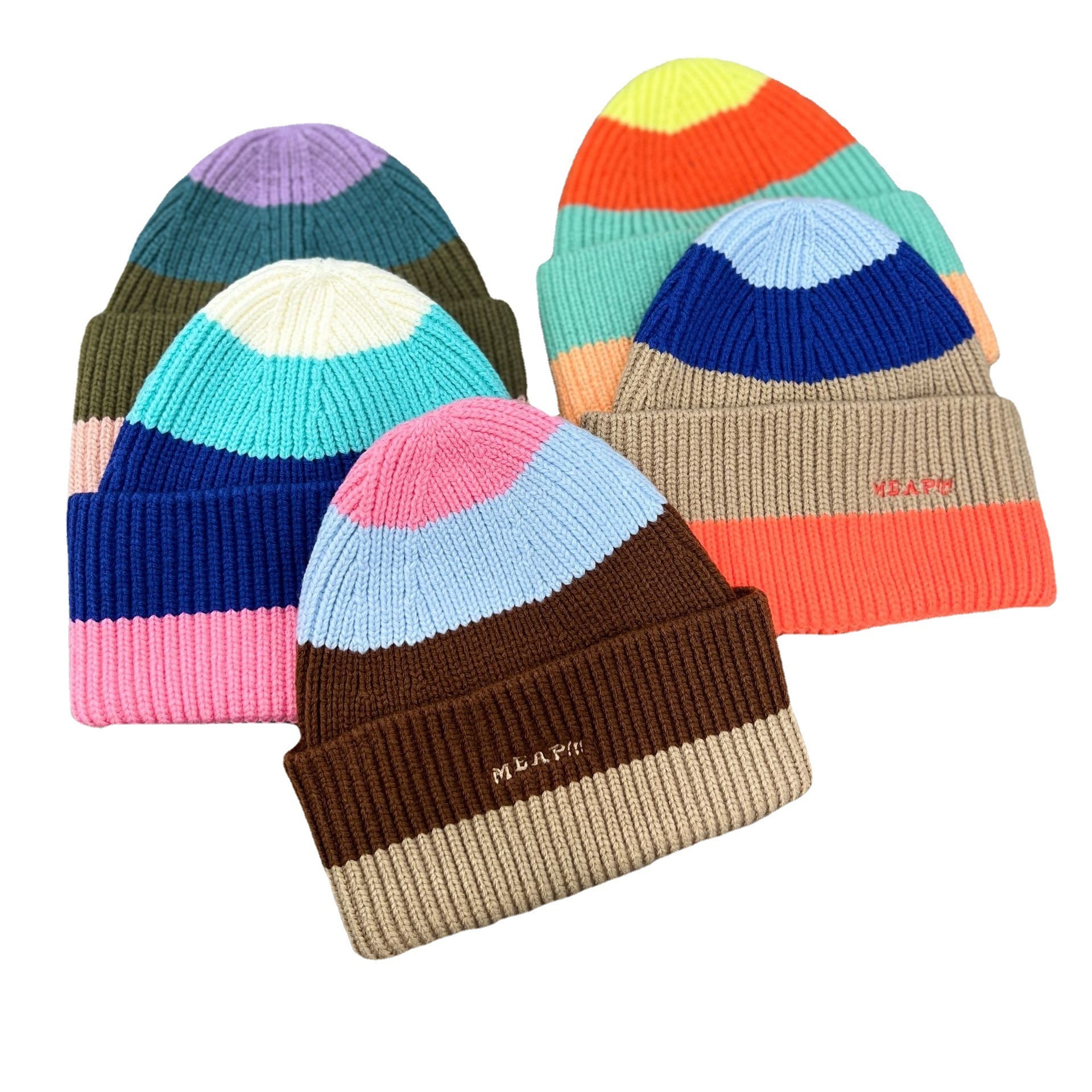 Custom Cheap Men Women Colorful Striped Cuffed Knitted Hat Simple Colorblock Winter Acrylic Beanie